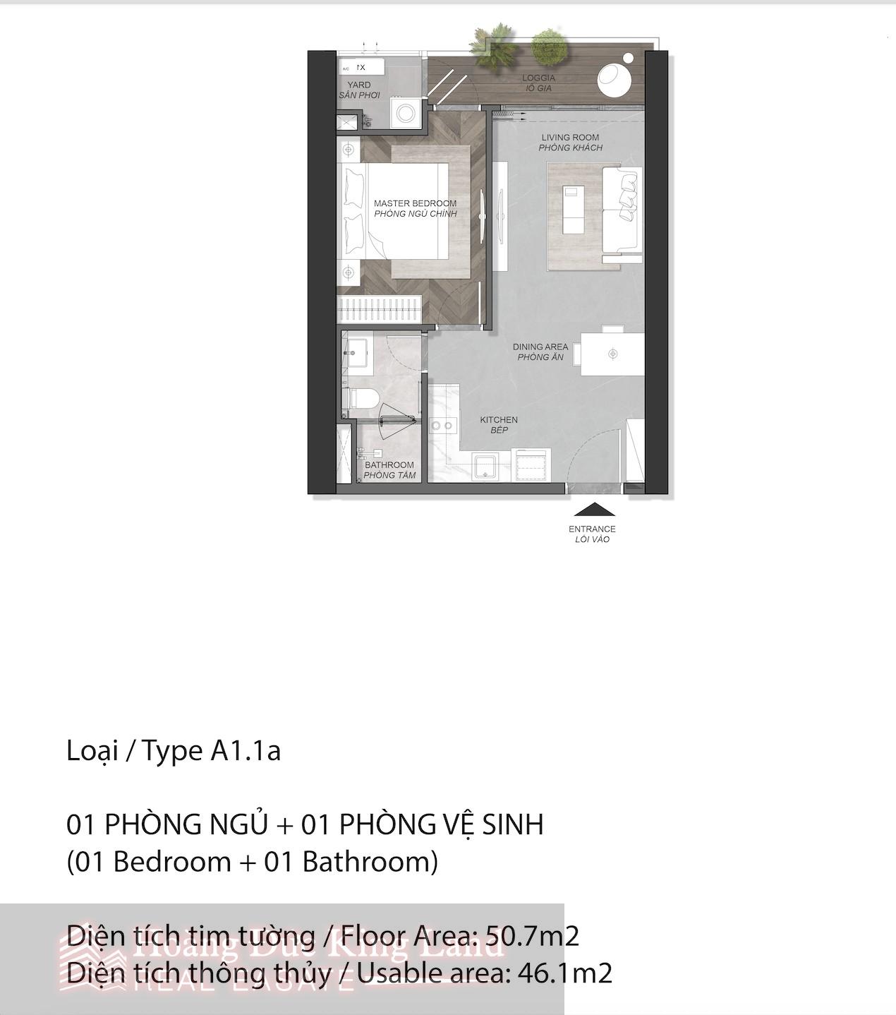 Layout vuông căn 1 Phòng ngủ tại Eaton Park 