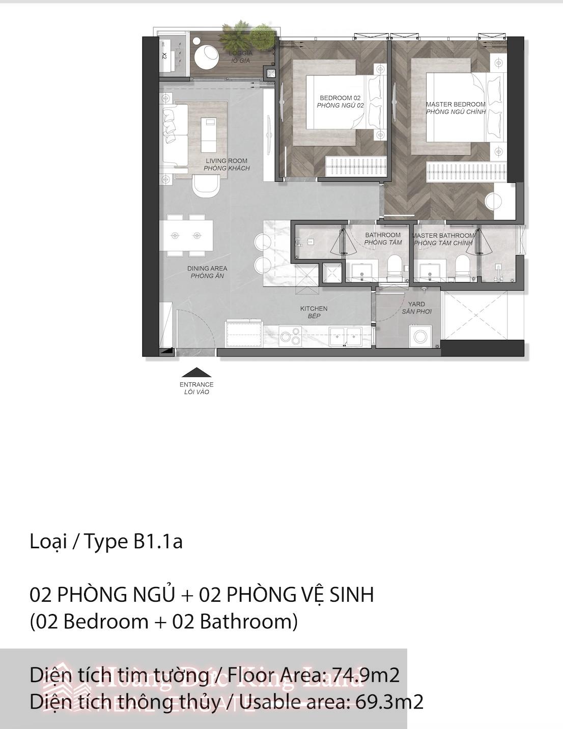 Layout căn 2 phòng ngủ tại Eaton Park