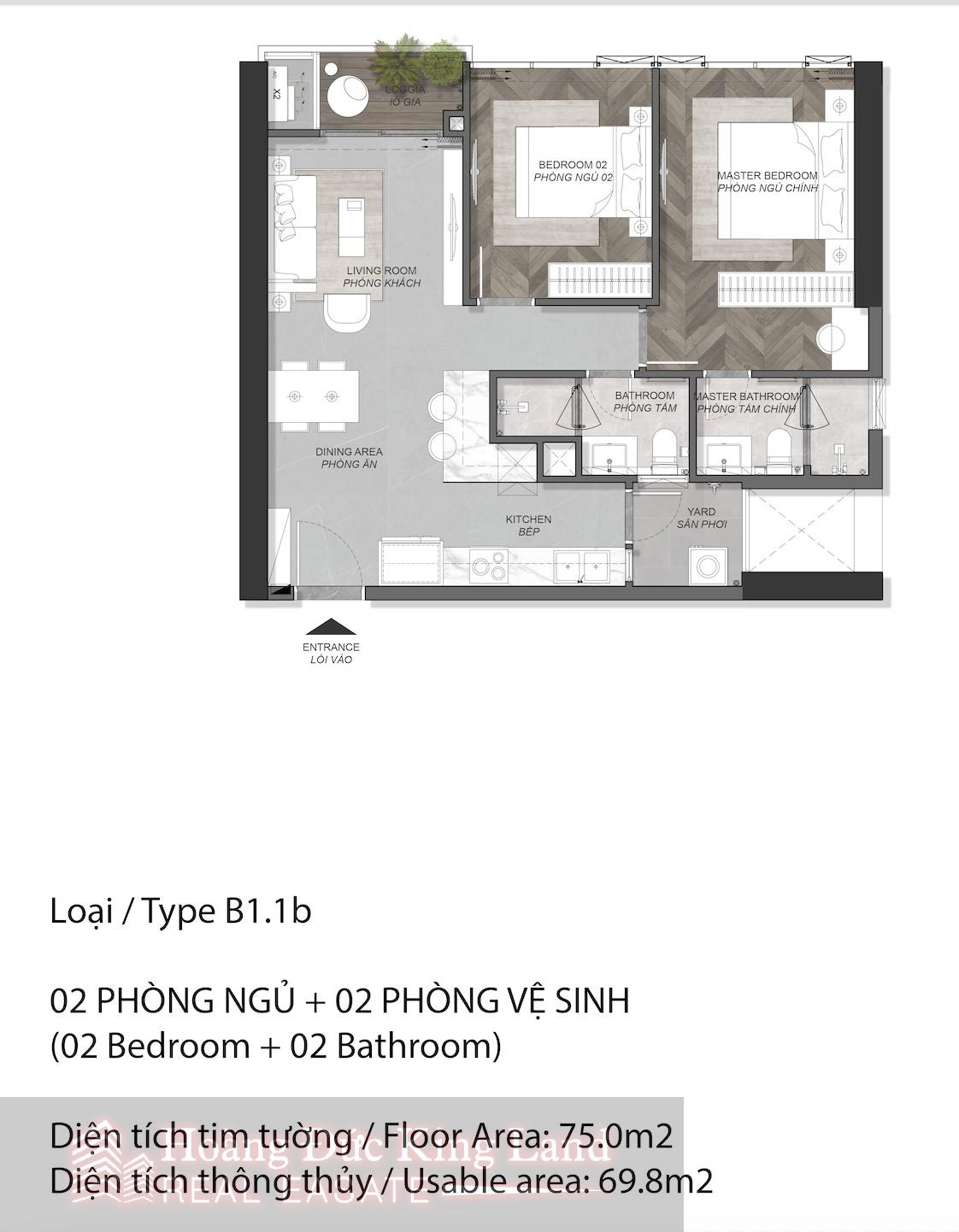 Layout căn 2 phòng ngủ tại Eaton Park