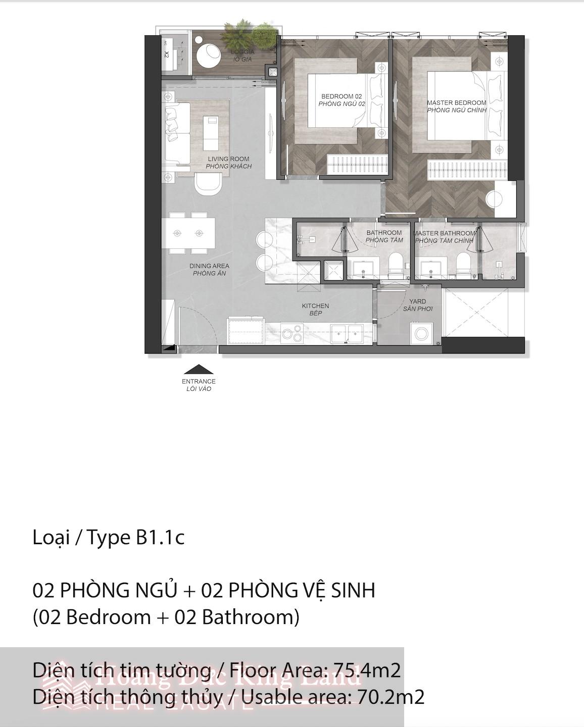 Layout căn 2 phòng ngủ tại Eaton Park