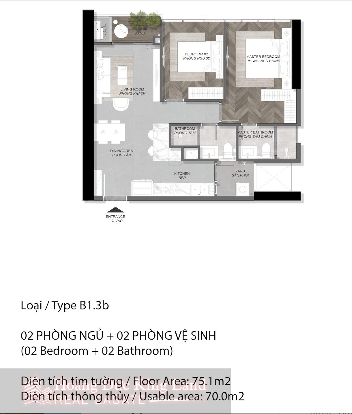 Layout căn 2 phòng ngủ tại Eaton Park