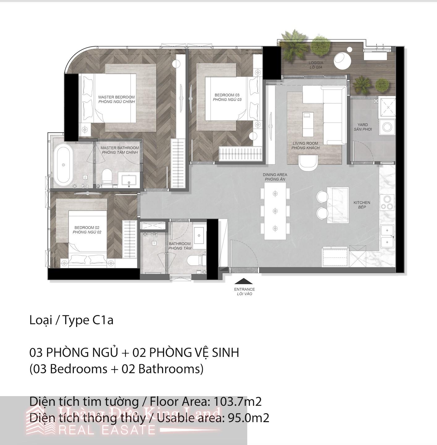 Layout căn 3 phòng ngủ tại Eaton Park