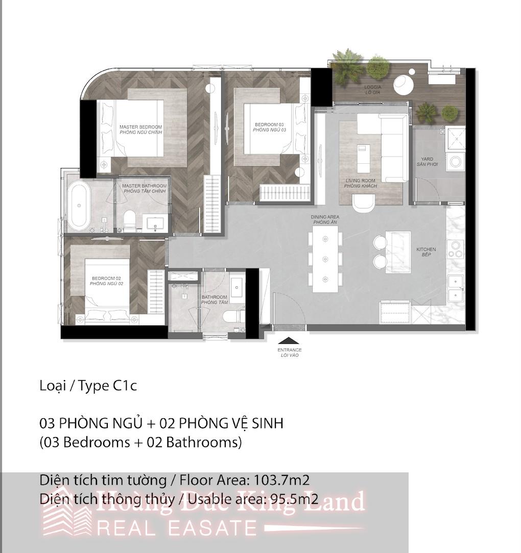 Layout căn 3 phòng ngủ tại Eaton Park